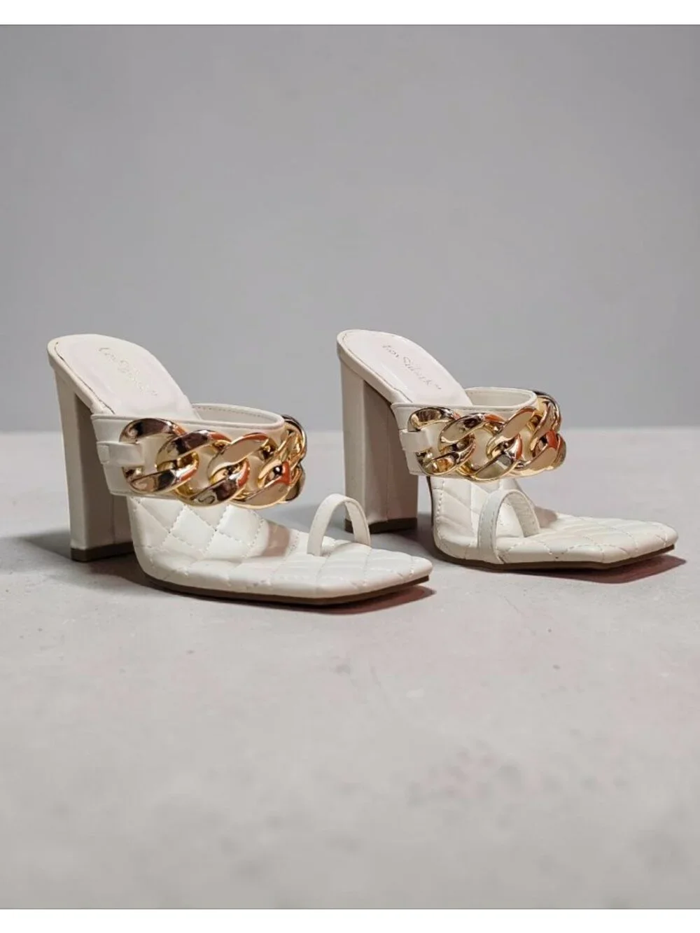 Quilted Chain-Embellished High Heel White Sandals With Square Toe Design
